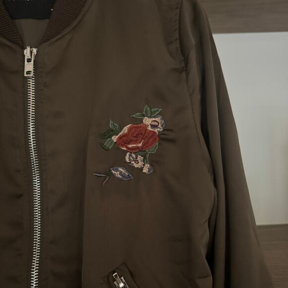 Olivaceous Embroidered, Satin Floral Bomber Jacket in Brown - Picture 3 of 6